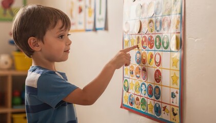Medium shot capturing a child attentively pointing to colorful reward stickers on a chart promoting motivation through positive reinforcement techniques.