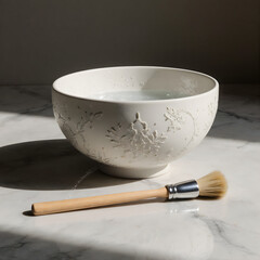 Modern minimalist still life featuring white ceramic water bowl for Songkran  