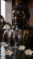 Antique bronze Buddha statue being washed during Songkran ritual  