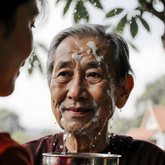 Elderly man smiling while receiving water blessing during Songkran  