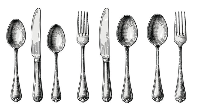 Detailed vintage style sketches of various silverware including spoons, forks, and knives arranged in a row for elegant dining concepts.