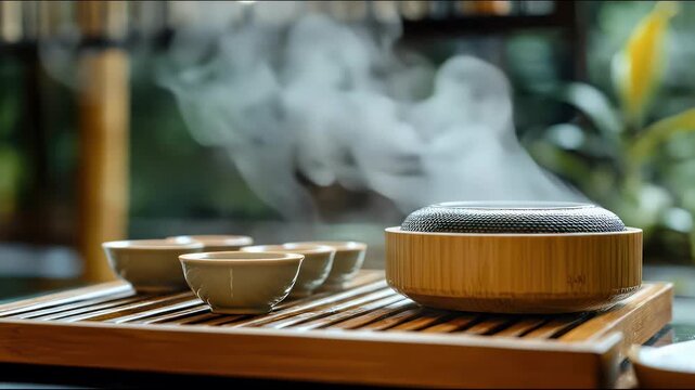 Steaming tea set arranged on a wooden serving tray with delicate ceramic cups creating a peaceful and zen ambiance