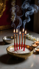 Traditional Thai incense holder with lit incense sticks for Songkran  
