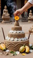 Hand placing a flower on a decorated sand pagoda offering in temple  