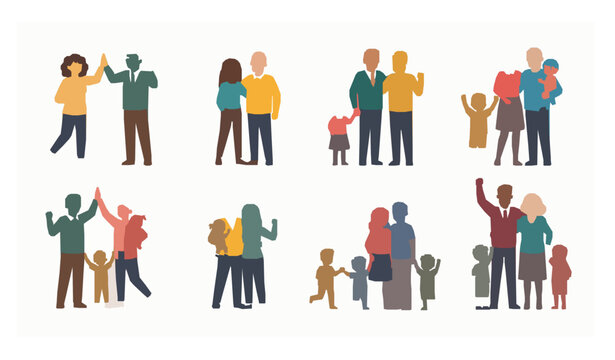 Happy diverse families celebrating success flat vector illustration set
