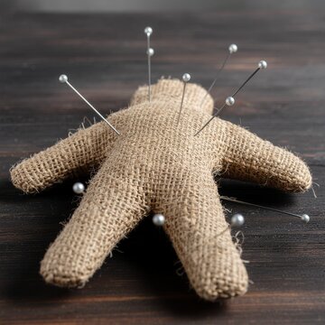Perspective View of a Burlap Voodoo Doll with Silver Pins on Dark Rustic Wood Background