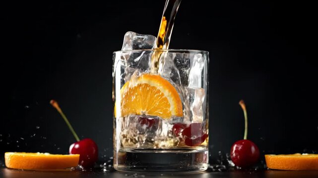 Cocktail Being Prepared with Cherries and Orange.