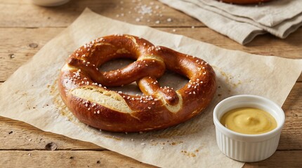 Soft pretzel with mustard on parchment paper in rustic setting  