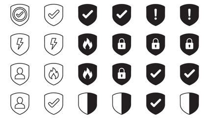 Collection of black linear icons with checkmarks locks and warnings on transparent background silhouette © Moinul