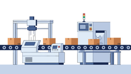 Obraz premium Automated industrial factory assembly line with cardboard boxes on a conveyor belt and modern robotic machinery in a clean facility.