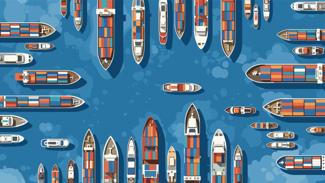 Aerial top down view illustration of a busy sea port or trade route filled with numerous container ships and small boats.
