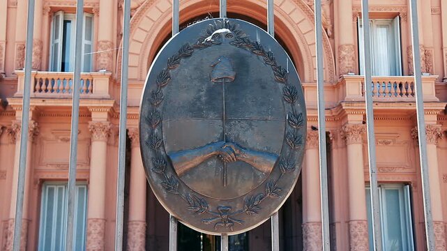 National Emblem on Casa Rosada Presidential Palace, Buenos Aires, Argentina, Zoom Out - 4K