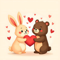 Fototapeta premium Cute Bunny and Bear Sharing Heart – Adorable Love Illustration for Valentine’s Day 