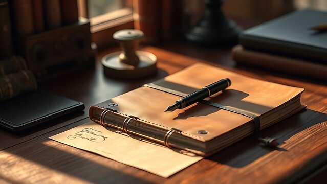 Classic office desk with a leather-bound notebook and fountain pen in warm, shadowed light.