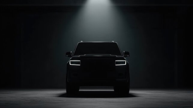 Mysterious Black SUV Silhouette in Dramatic Lighting Showcasing Modern Automotive Design and Elegance
