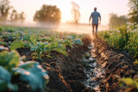 Farmer walking through the field during a misty sunrise
