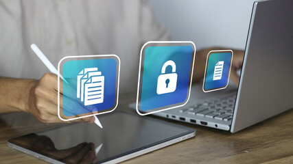 Data protection and digital security concept showing a person using a tablet and laptop to encrypt files with lock icons, representing cybersecurity, document privacy, and cloud safety