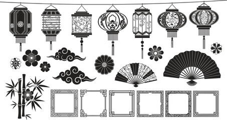 Black and white collection of traditional Asian decorative including lanterns bamboo fans and floral motifs © Riyaj Vector Valley