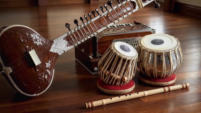 Sitar Tabla Harmonium and Flute Traditional Indian Instruments