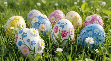 Decorative easter eggs adorned with floral patterns nestled in lush green grass