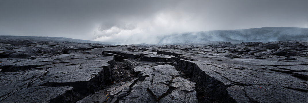 Dramatic panoramic view of a solidified black lava field with cracked basalt rocks and geothermal steam rising into a moody overcast sky.