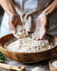 Fototapeta premium A homely scene showcasing hands working with flour in a wooden bowl, capturing the essence of baking and the tactile and sensory pleasures involved in creating delicious pastries.