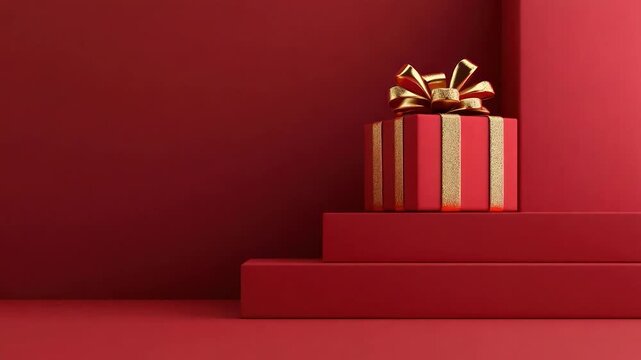 A red gift box with gold ribbon and bow sits on tiered, red platform. The background is solid red