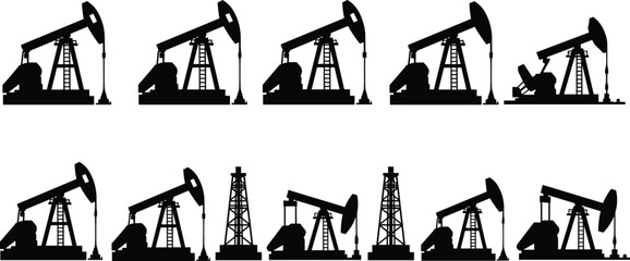 Black silhouettes of oil pump jacks and drilling rigs on a white background oil pump jack silhouette