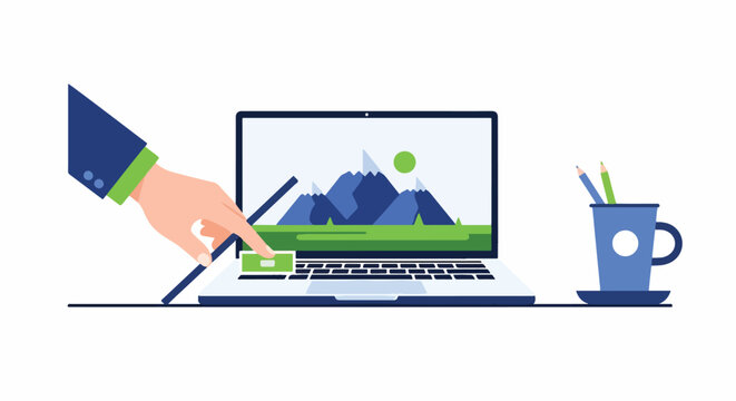 Hand pressing green button on laptop with mountain landscape on screen, office desk with supplies, digital technology concept