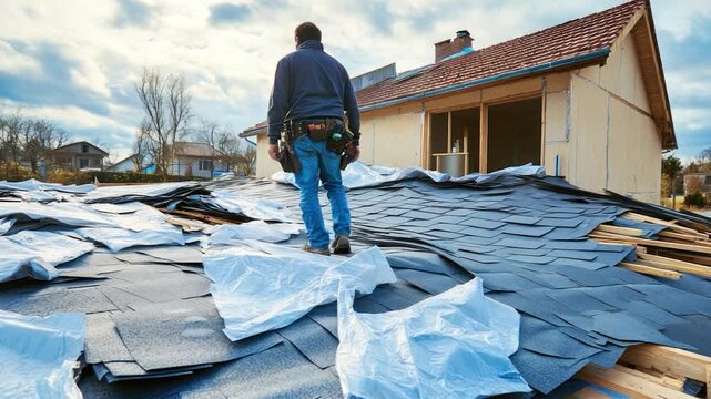 A roofer examines a partially completed roof on a sunny day with houses in the background
