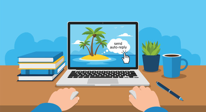 Person setting up an auto-reply message on a laptop for a tropical island vacation, working remotely from a home office desk with books and coffee.