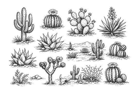 Detailed hand drawn line art vector illustration set of desert plants including various cacti agave succulents and prickly pear in a sandy landscape.