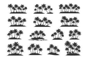 Professional black silhouette vector set of tropical palm trees and coconut groves on a white background for beach vacation and summer island themes. © Chairul