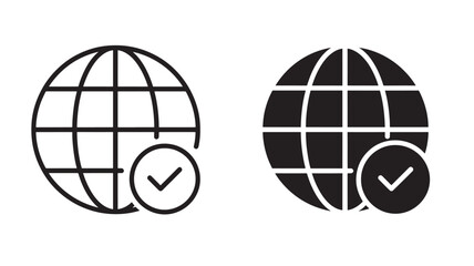 Two globe icons with checkmarks representing global verification on transparent background silhouette © Moinul