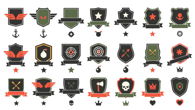Collection of military and heraldic shield badges featuring wings, stars, bombs, and various weapons in diverse shapes.