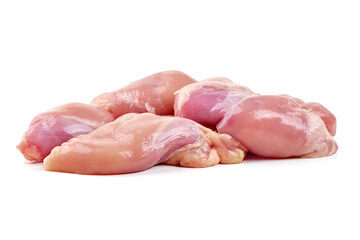 Pile of raw, skinless chicken thighs with a pink hue, isolated on white background for recipe illustrations.
