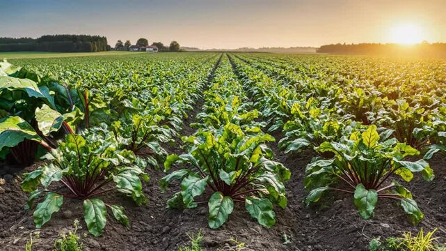 Beautiful farm scene of beetroot plants growing in fertile soil at sunset, vegetable agricultural cultivation concept