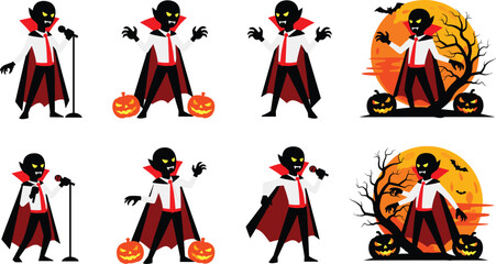 Cartoon vampire characters in various poses with halloween themed background monster