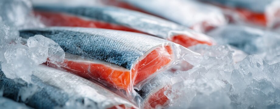 Fresh Salmon on Ice: Fresh salmon fillets are beautifully arranged on a bed of ice, displaying their vibrant colors and inviting textures.