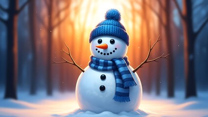 Panda  with snowman in winter forest at sunset