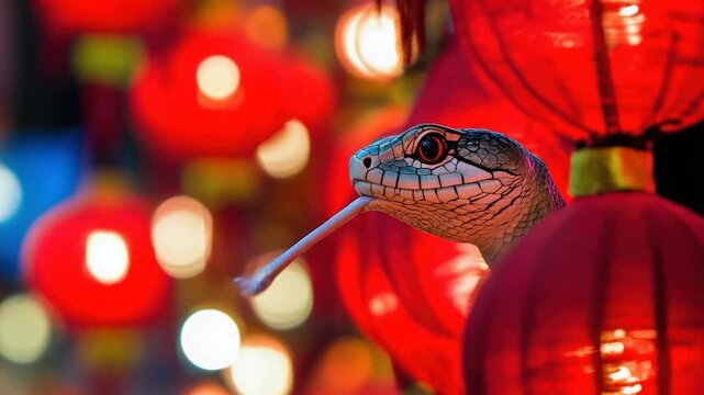 A serpent peeks amidst blurred festive red lanterns, showcasing scales and expressive eye