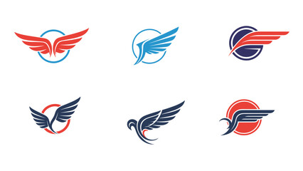 Set of modern abstract wing logo designs in blue and red colors with circular elements representing speed and flight.