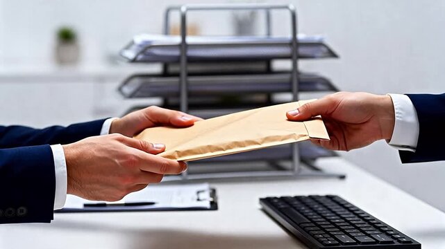 Businessmen exchanging envelope in office