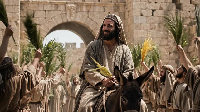 Biblical Scene of Jesus Christ Riding Donkey Entering Jerusalem City Gate with People Waving Green Palm Branches Depicting Triumphal Entry on Palm Sunday for Easter Religious History Concept