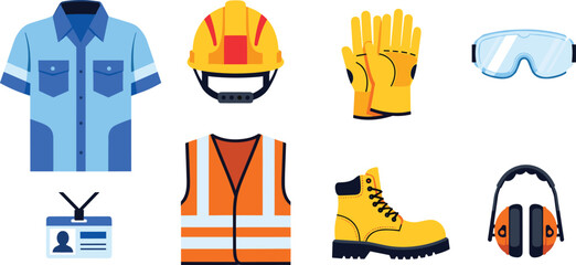 Collection of construction worker safety gear and uniform safety helmet hard hat