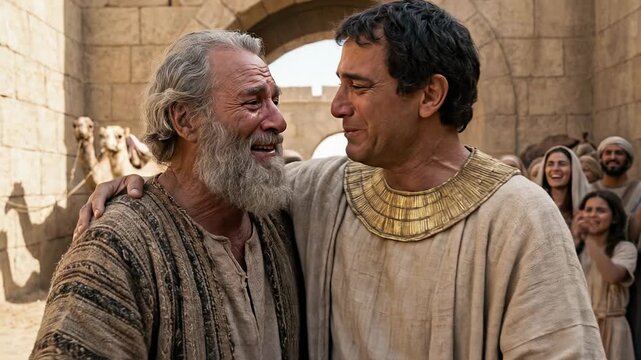 Biblical Scene of Emotional Reunion between Patriarch Jacob and Son Joseph Embracing and Crying with Tears of Joy in Ancient Egypt City with Camels Background Depicting Genesis History