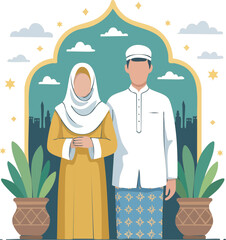 Flat vector illustration of a Muslim couple standing together, symbolizing marriage, partnership, faith, and harmonious life.
