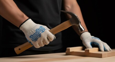 Man in work glove holding hammer over wooden plank. Carpenter working with woodworking tool. Woodwork DIY and home renovation concept.