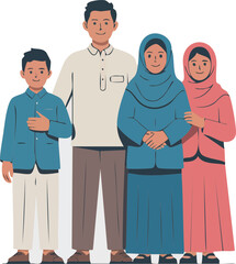 Vector illustration of a Muslim family standing together, representing faith, harmony, family values, and cultural identity.

