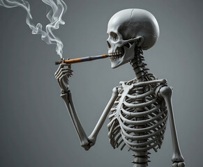 Human skeleton smoking a cigarette with smoke coming out  grey background